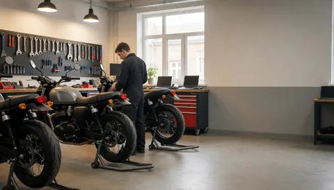 Mécanicien réparant une moto dans un atelier avec des outils sur la table et de la lumière naturelle par la fenêtre.