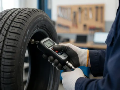 Un mécanicien en gants mesure la pression d'un pneu avec un manomètre digital affichant 49 psi dans un atelier de réparation.