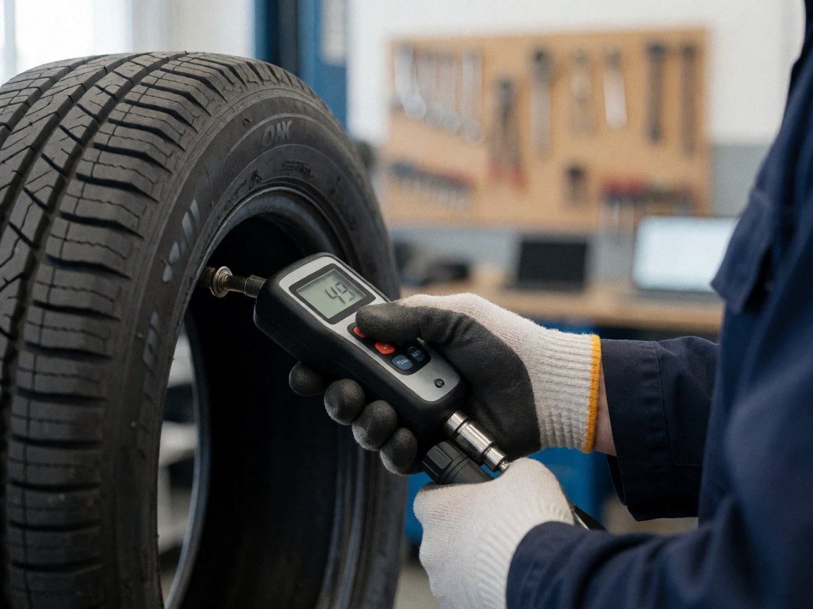 Un mécanicien en gants mesure la pression d'un pneu avec un manomètre digital affichant 49 psi dans un atelier de réparation.