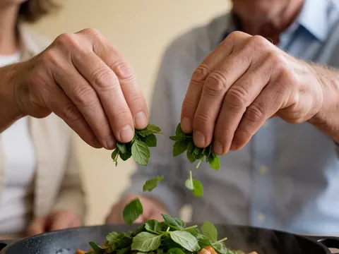 Des mains déposent des herbes fraîches sur un plat chaud émettant de la vapeur, sur un fond beige, scène réaliste pour photographie culinaire.