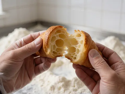 Des mains portant des gants en plastique brisent un croissant croustillant à la mie aérée, posé sur une surface saupoudrée de farine devant des carreaux blancs.