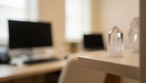 Un cristal de quartz posé sur une étagère en bois dans une pièce calme baignée de lumière naturelle, créant une ambiance apaisante.