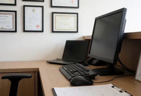 Bureau d'entraîneur de natation équipé d'un ordinateur, clavier, souris et de cadres de certificats au mur dans un environnement professionnel.