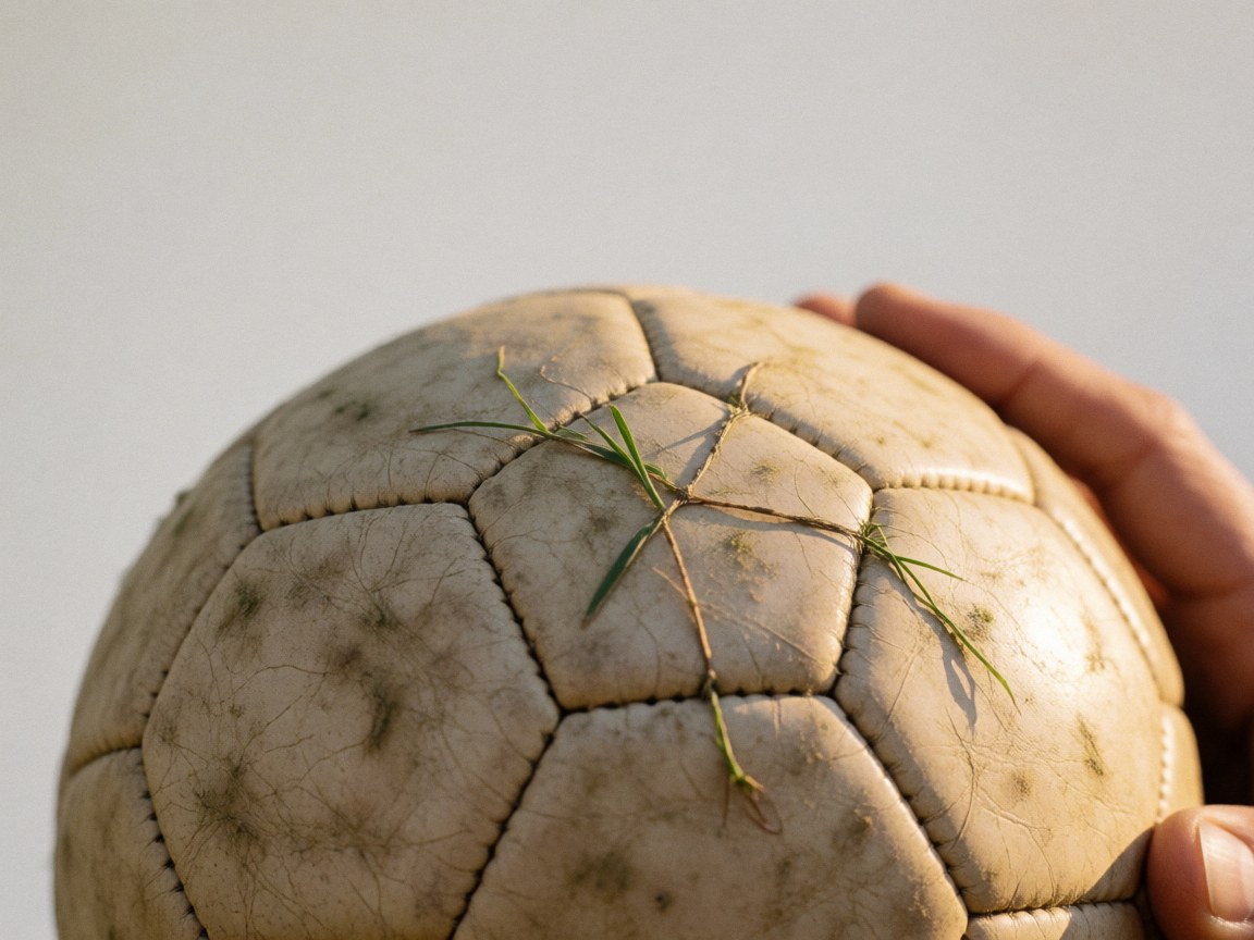 Détail d'une balle de football avec de l'herbe dans les coutures, tenue par une main devant un mur blanc et une lumière chaude.