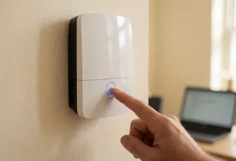 Une main appuie sur le bouton d'alimentation d'un modem blanc fixé à un mur crème dans une maison de vacances.