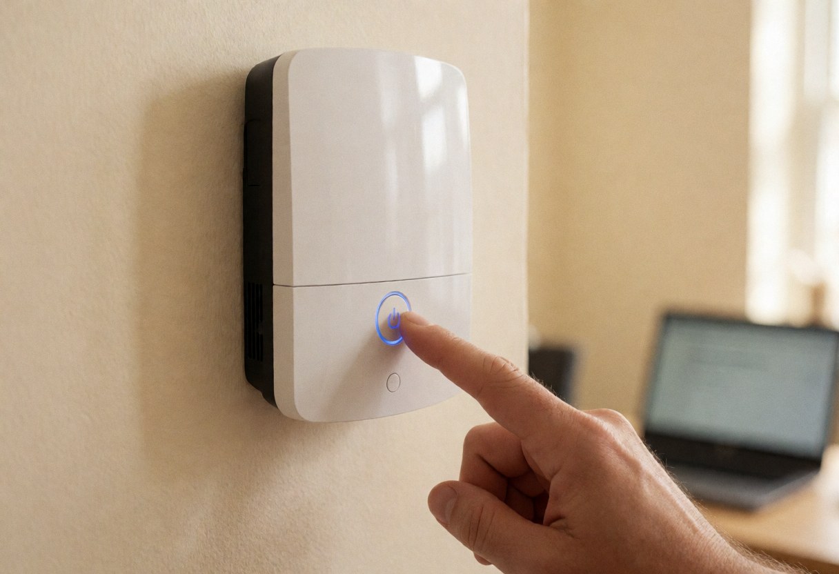 Une main appuie sur le bouton d'alimentation d'un modem blanc fixé à un mur crème dans une maison de vacances.