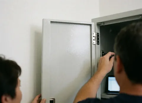 Personne effectuant un travail de maintenance sur un casier public avec des charnières métalliques brillantes, des murs blancs et un ordinateur portable à l'intérieur.