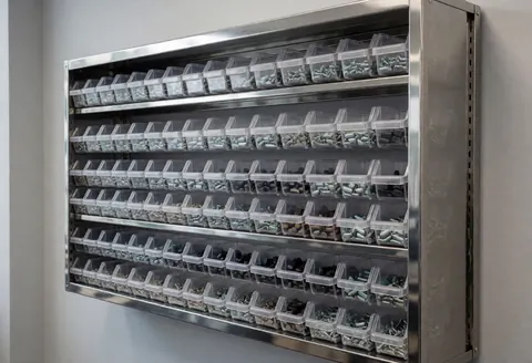 Étagère métallique avec compartiments organisés pour composants électroniques dans un atelier de réparation électronique avec un mur gris.