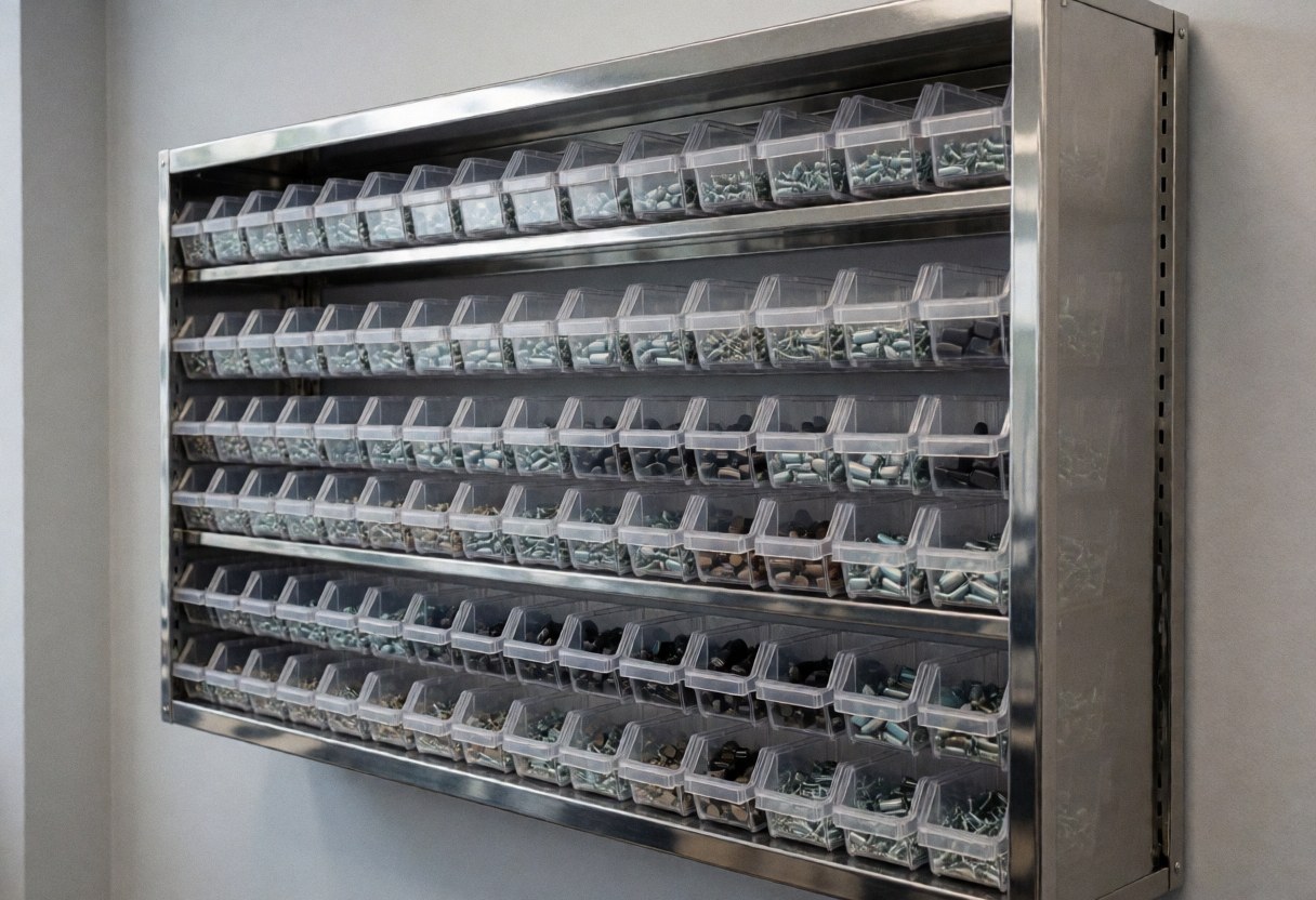 Étagère métallique avec compartiments organisés pour composants électroniques dans un atelier de réparation électronique avec un mur gris.