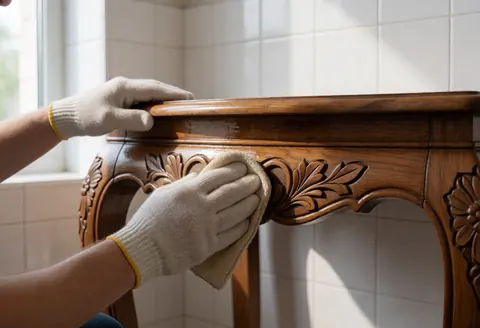 Des mains gantées vernissent une table en bois sculpté de motifs floraux dans un atelier aux murs carrelés et à la lumière naturelle.