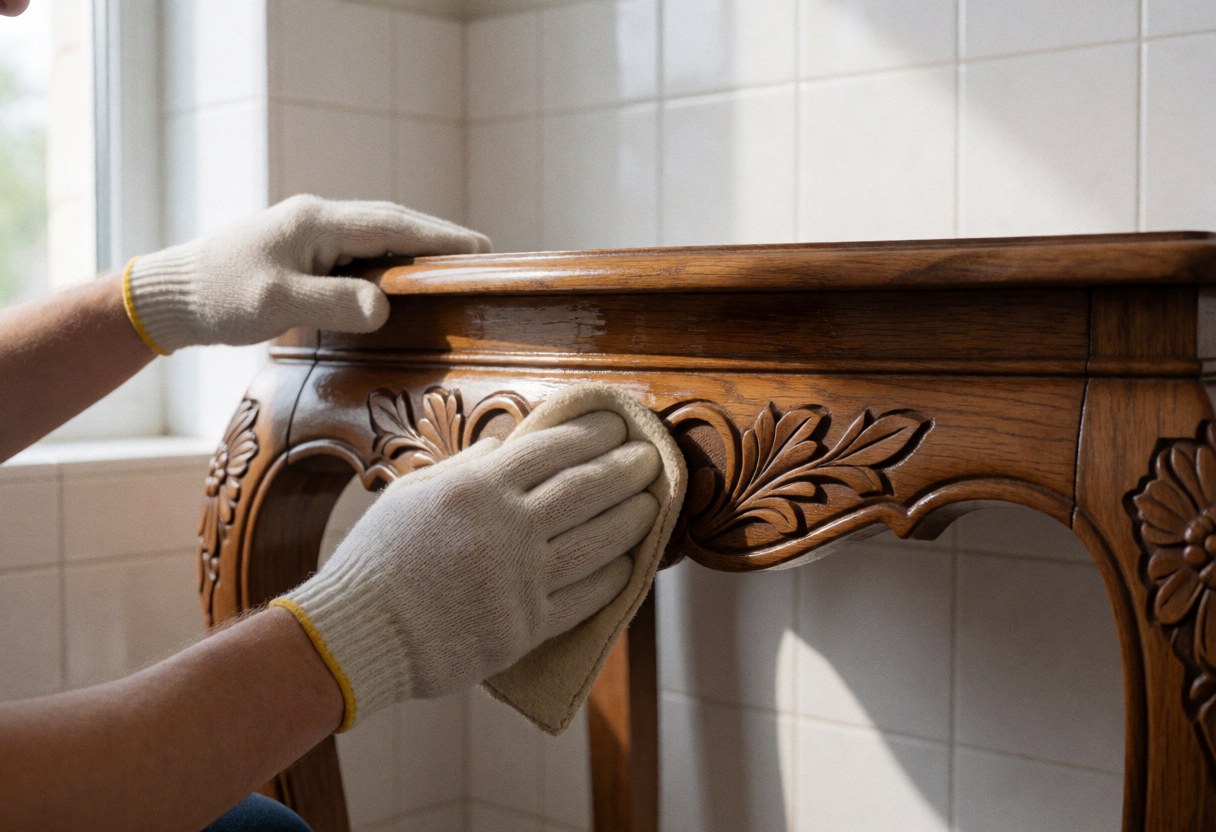 Des mains gantées vernissent une table en bois sculpté de motifs floraux dans un atelier aux murs carrelés et à la lumière naturelle.