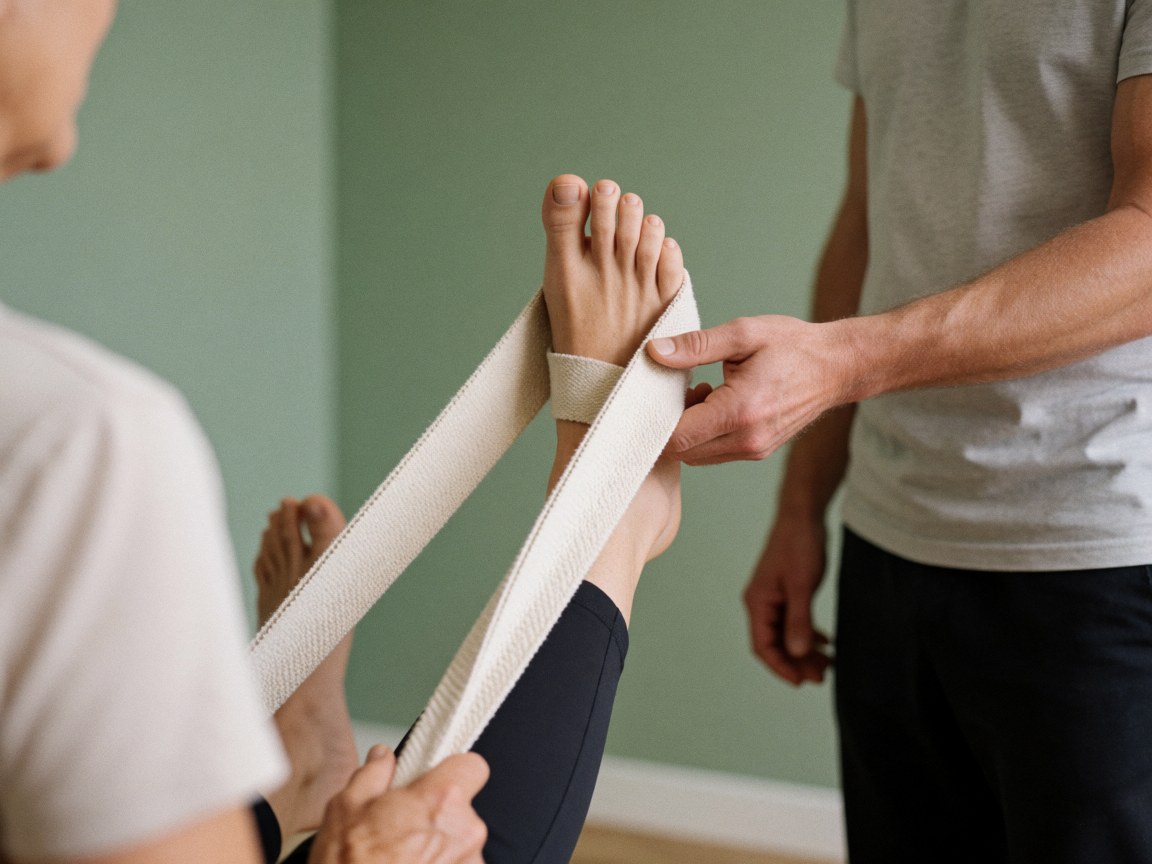Un instructeur de yoga ajuste une corde autour du pied d'un étudiant dans un studio aux murs verts pâles, pour une alignement thérapeutique.