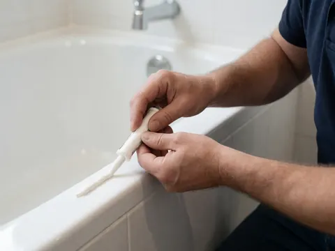 Gros plan d'une main appliquant du silicone blanc sur le joint d'une baignoire blanche dans une salle de bain moderne avec carrelage.