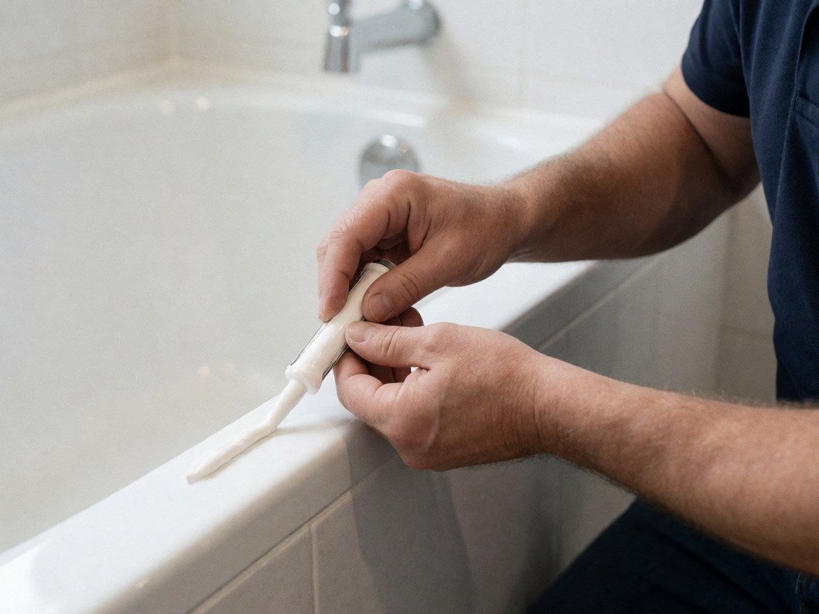 Gros plan d'une main appliquant du silicone blanc sur le joint d'une baignoire blanche dans une salle de bain moderne avec carrelage.