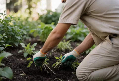 Un jardinier agenouillé retire les mauvaises herbes du sol sombre entre de jeunes plantes dans un jardin.