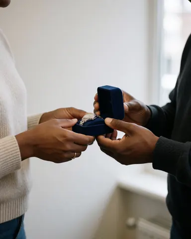 Des mains reçoivent une montre neuve avec un verre intact, posée dans un écrin bleu sur fond blanc, éclairage naturel, détail de bijouterie.