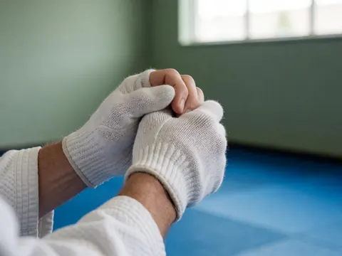 Des mains portant des gants blancs saisissent un protège-dents au sol, dans un dojo aux murs verts et aux tapis bleus, baigné de lumière naturelle.
