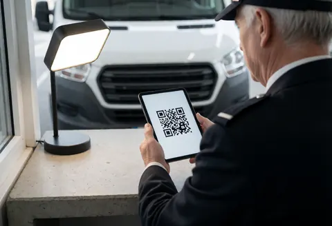 Agent de sécurité utilisant une tablette pour scanner un code-barres devant un véhicule blanc sous éclairage artificiel dans un poste de contrôle.