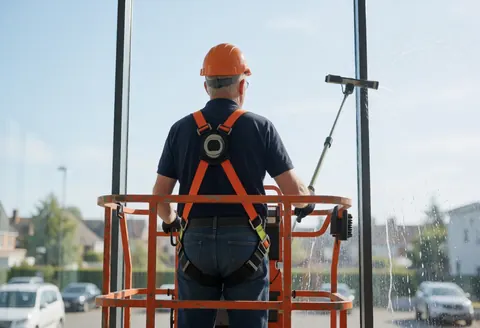 Un ouvrier en hauteur sur un échafaudage effectue le nettoyage d'une façade en verre sous un ciel dégagé.