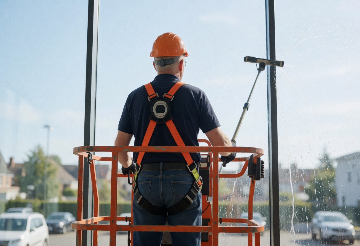 Un ouvrier en hauteur sur un échafaudage effectue le nettoyage d'une façade en verre sous un ciel dégagé.