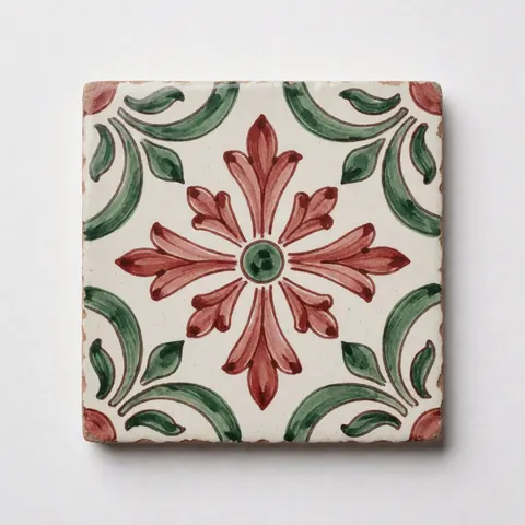 Carreau en céramique orné d'un design floral rouge et vert sur fond blanc, idéal pour un commerce de carrelage artisanal.