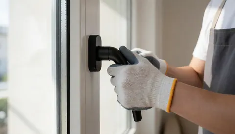Un professionnel ajuste une poignée noire sur une fenêtre blanche à l'intérieur, dans un cadre lumineux.
