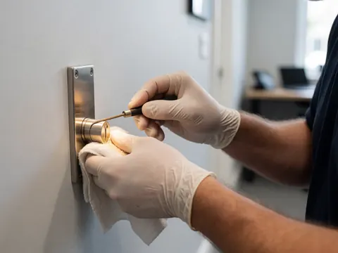 Des mains portant des gants de travail manipulent un outil de précision pour intervenir sur une serrure métallique fixée à un mur gris clair.