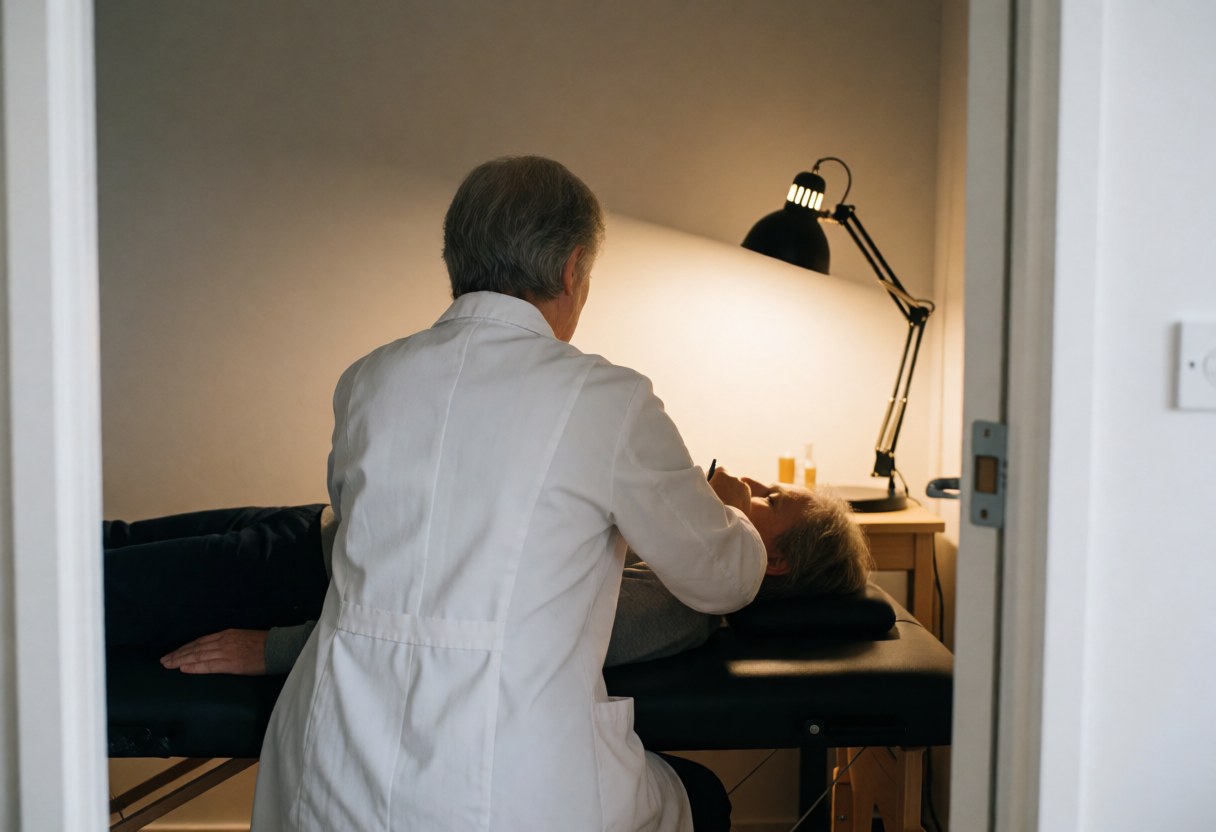 Un thérapeute en blouse blanche réalise un massage du cou d'un client allongé sur une table noire, éclairé par une lampe de bureau dans un cadre clinique.