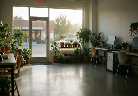 Façade et intérieur d'une boutique de fleurs, sol poli, tables de travail avec écrans, baignés par la lumière dorée du coucher de soleil.