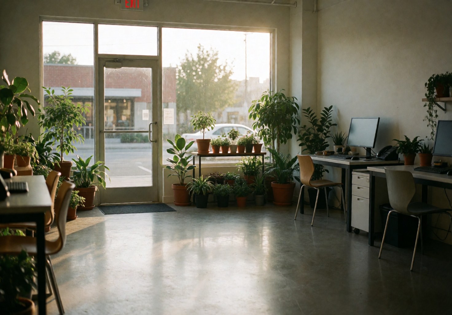 Façade et intérieur d'une boutique de fleurs, sol poli, tables de travail avec écrans, baignés par la lumière dorée du coucher de soleil.