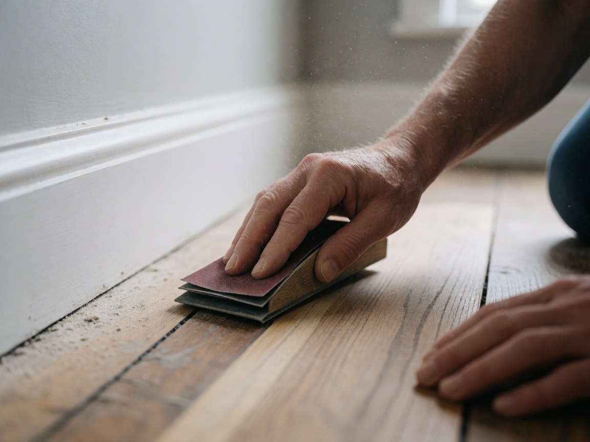 Gros plan d'une main adulte utilisant du papier abrasif pour poncer un plancher en bois, avec de la poussière en suspension dans l'air et un mur peint en arrière-plan, illustrant un détail de travail de menuiserie.