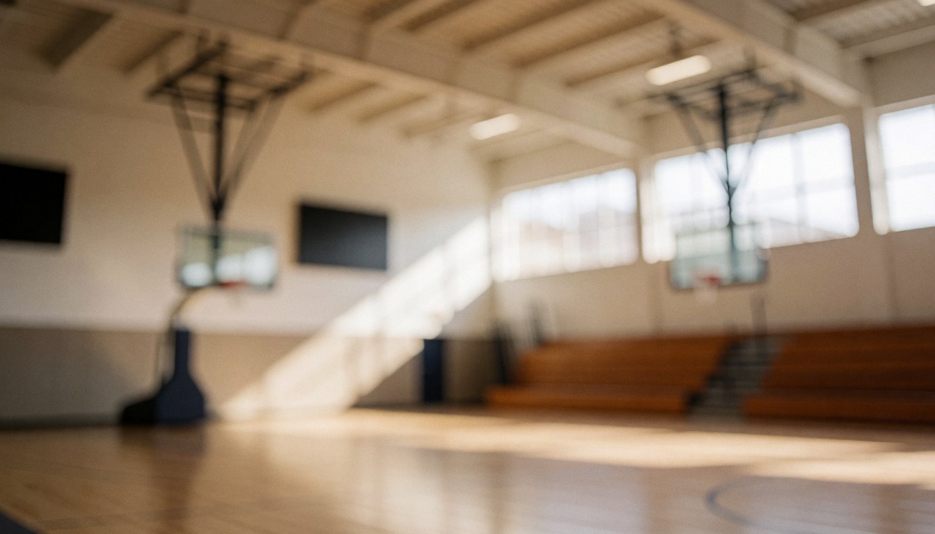 Arrière-plan flou d'un gymnase de basket-ball avec paniers, bancs et lumière naturelle, idéal pour ajouter du texte.