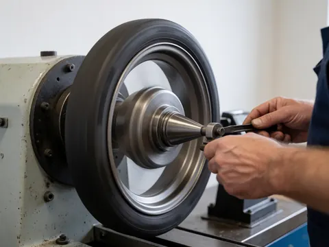 Un technicien ajuste un cône métallique sur une roue placée sur une machine d'équilibrage dans un atelier de pneus.