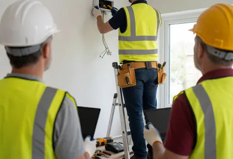 Un technicien en échelle fixe un système d'alarme sur un mur blanc pendant que deux collègues observent la prestation de service.