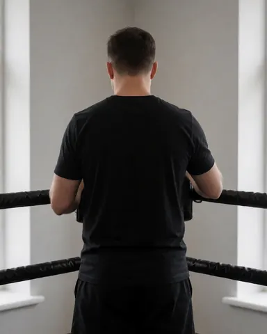 Vue arrière d'un instructeur de boxe professionnel ajustant les cordes du ring dans un gymnase aux murs gris, préparation sportive.
