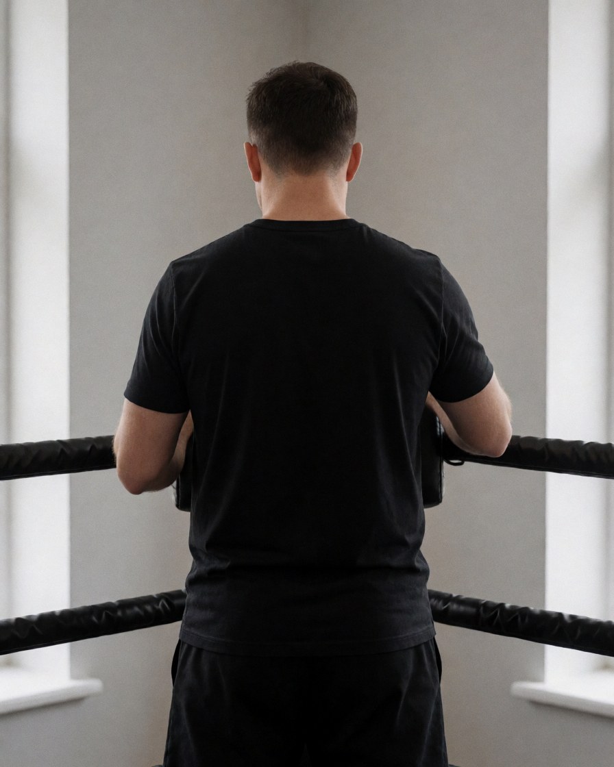 Vue arrière d'un instructeur de boxe professionnel ajustant les cordes du ring dans un gymnase aux murs gris, préparation sportive.