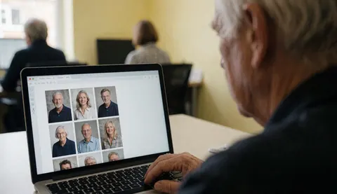Un client âgé consulte une galerie de portraits sur un ordinateur portable dans un bureau aux murs jaunes pâles.
