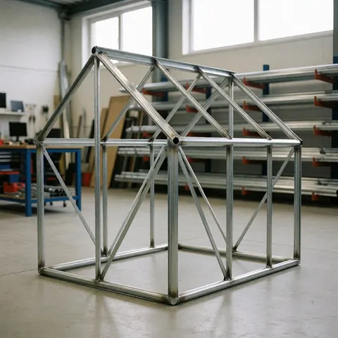 Structure en acier galvanisé d'une serre posée sur un sol en béton dans un atelier industriel éclairé par la lumière naturelle.