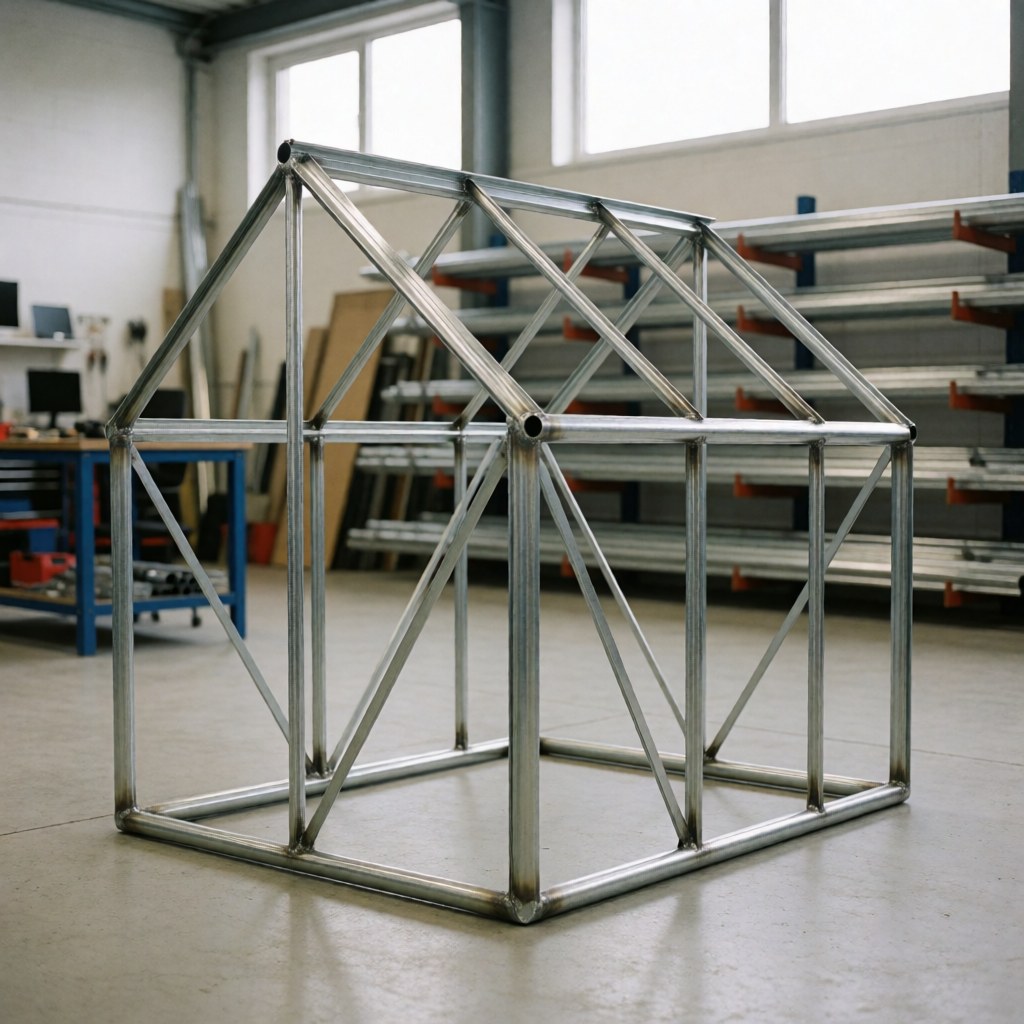 Structure en acier galvanisé d'une serre posée sur un sol en béton dans un atelier industriel éclairé par la lumière naturelle.