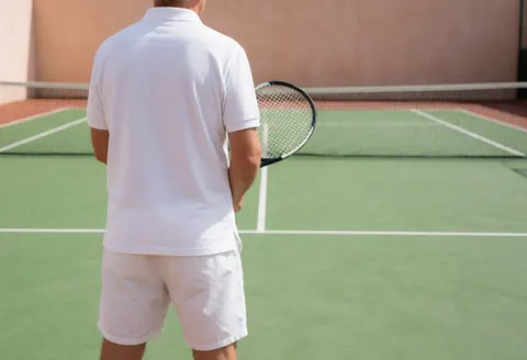 Vue arrière d'un instructeur de tennis tenant une raquette sur un court extérieur avec des murs en terre cuite, idéal pour promouvoir des cours.