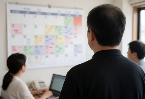 Un coach de cycliste consulte un planning avec des blocs de couleur sur son bureau dans un environnement professionnel moderne.