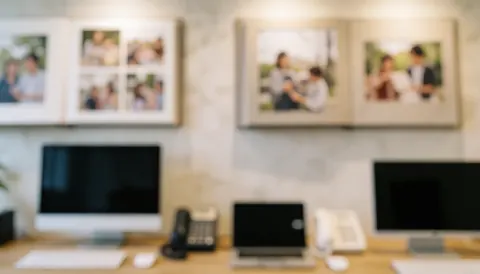 Fond de studio avec livres photo ouverts accrochés au mur, ordinateurs et téléphones posés sur une table en bois.