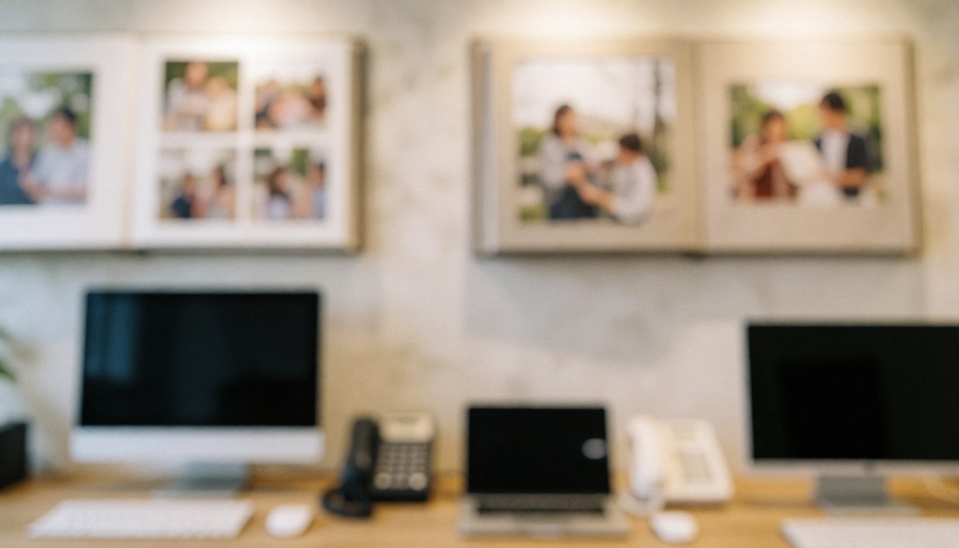 Fond de studio avec livres photo ouverts accrochés au mur, ordinateurs et téléphones posés sur une table en bois.