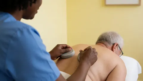 Un thérapeute applique des ventouses de silicone sur le dos d'un client dans une salle aux murs jaunes, créant une ambiance relaxante et professionnelle.