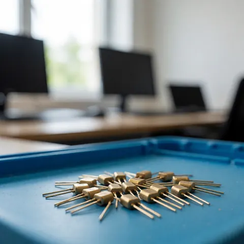 Résistances SMD dorées posées sur un plateau anti-statique bleu dans un atelier de réparation électronique éclairé par la lumière naturelle.
