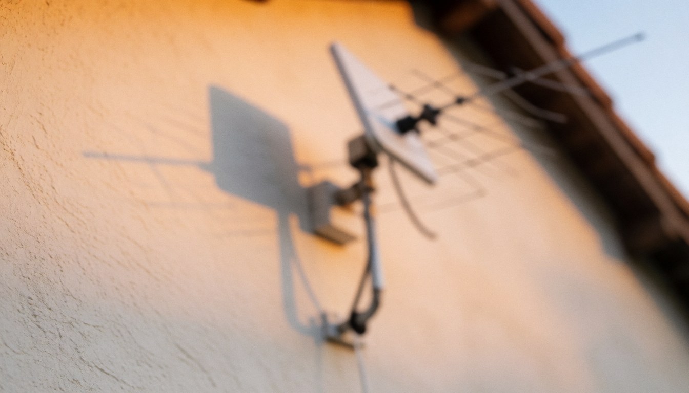 Antenne de télévision montée sur un mur en stuc avec une lumière orange, fond flou pour textes d'installation d'antennes.