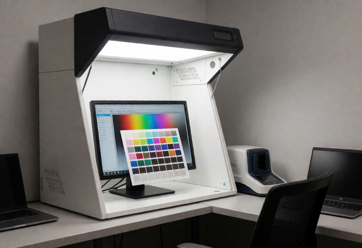 Station professionnelle d'épreuve couleur équipée d'un éclairage intérieur et d'un moniteur affichant une palette de couleurs dans un atelier d'imprimerie aux murs gris.