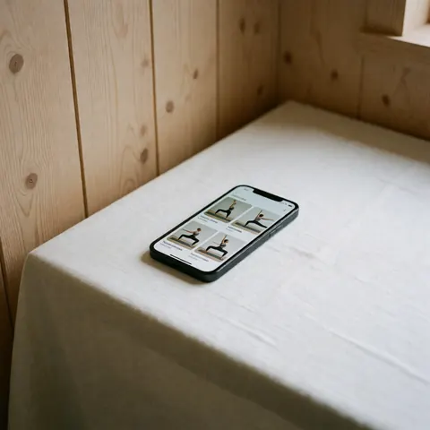 Un téléphone mobile affichant une application de yoga posé sur une table recouverte d'une nappe blanche devant un mur en bois clair.