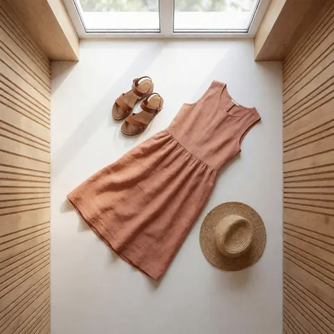 Robe en lin terracotta, sandales en cuir et chapeau de paille sur sol blanc avec murs en bois clair, idéal pour catalogue de mode.