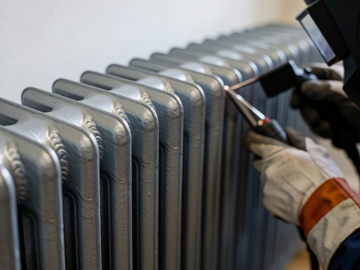 Main gantée effectuant une soudure sur un radiateur aluminium dans un atelier de réparation de chaudières, outil visible.